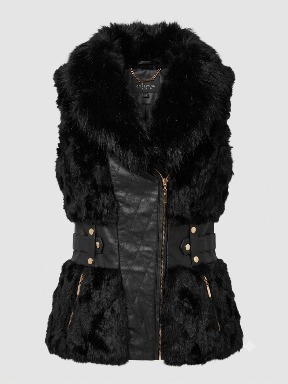 LA Coalition Faux Fur & Leather Black Vest Sz Medium